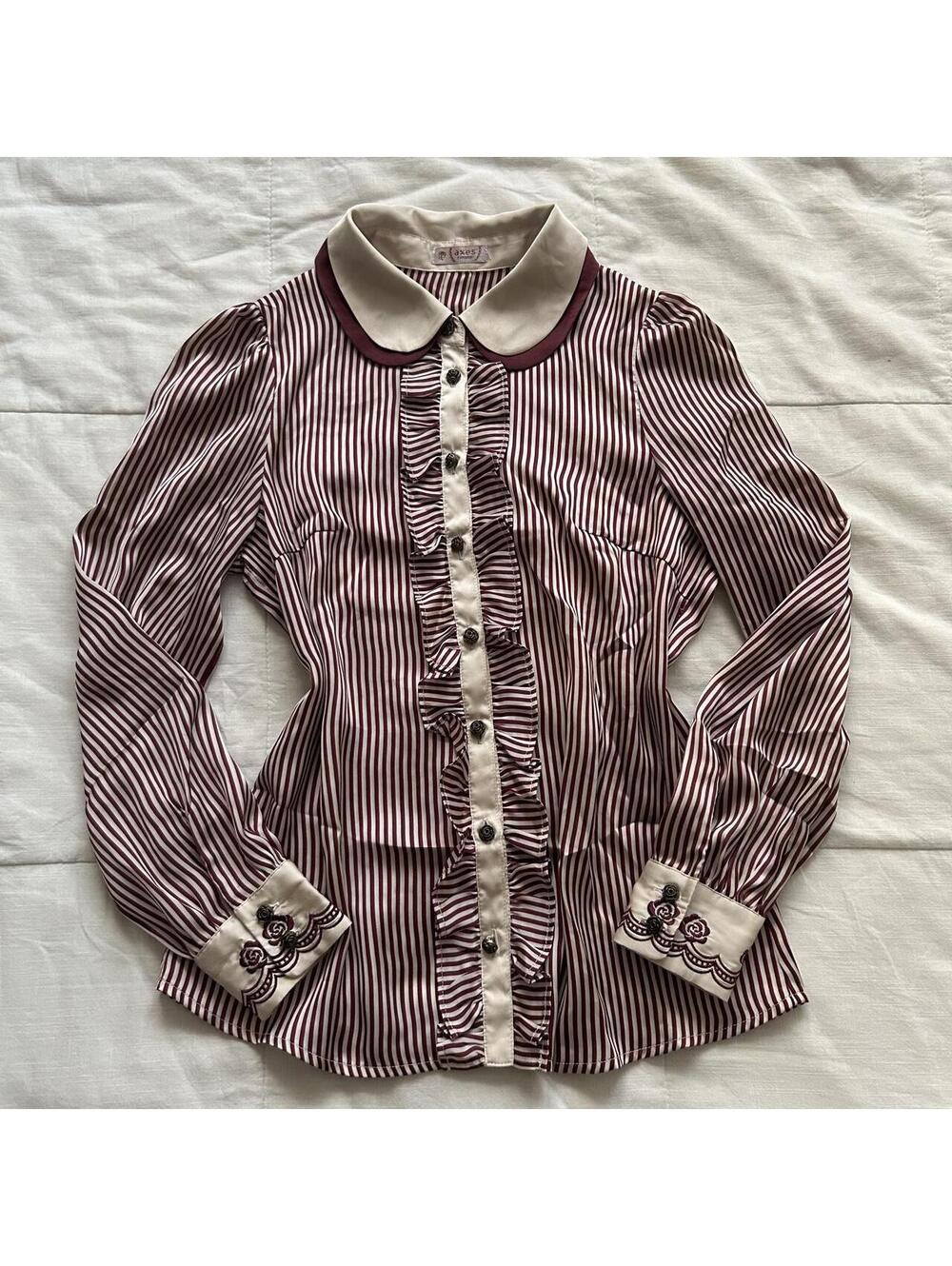 Axes Femme Burgundy Stripe Blouse Rose Embroidery Ruffle Peter Pan M Japan